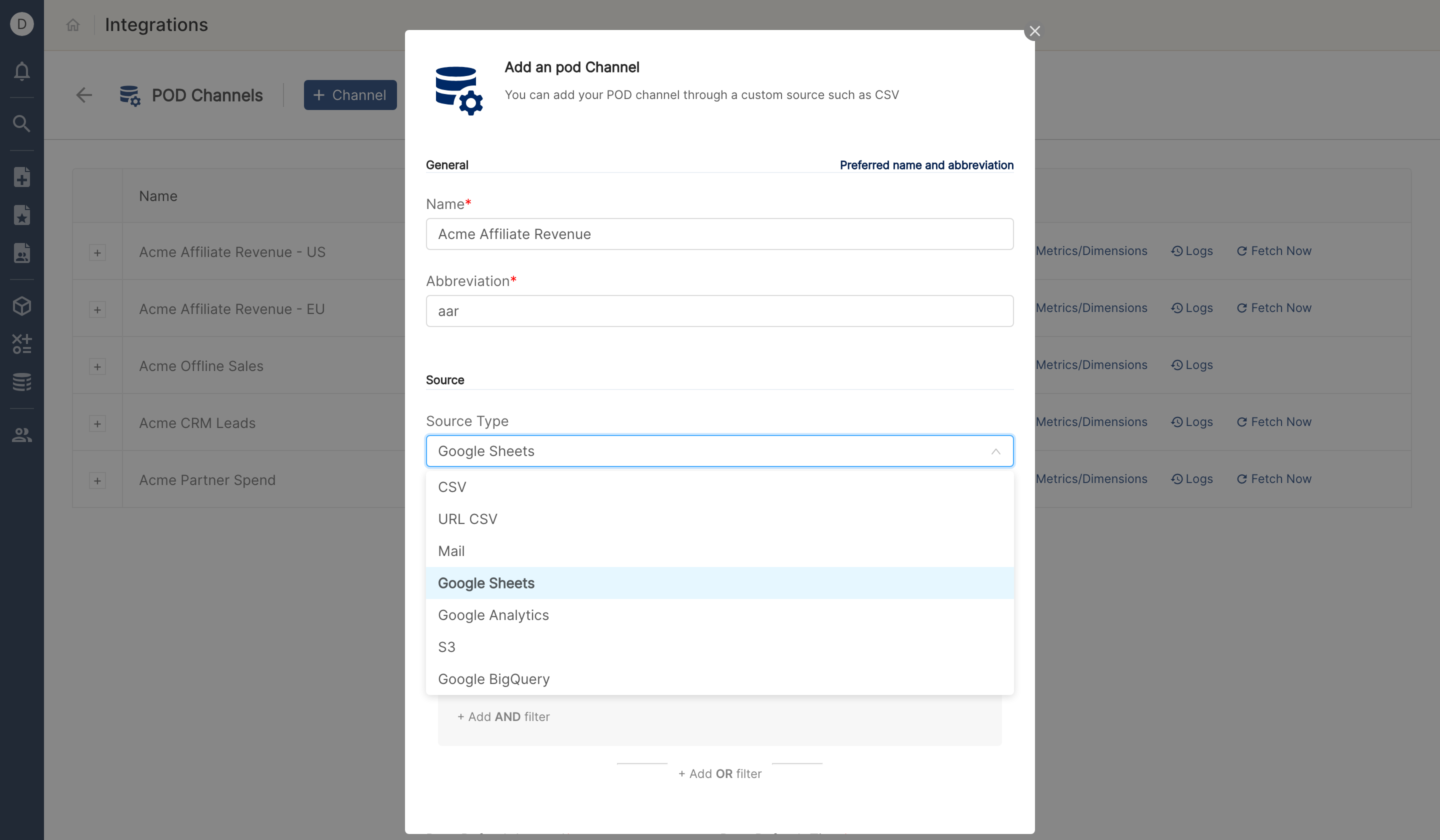 Add a POD channel form with the Source Type dropdown open