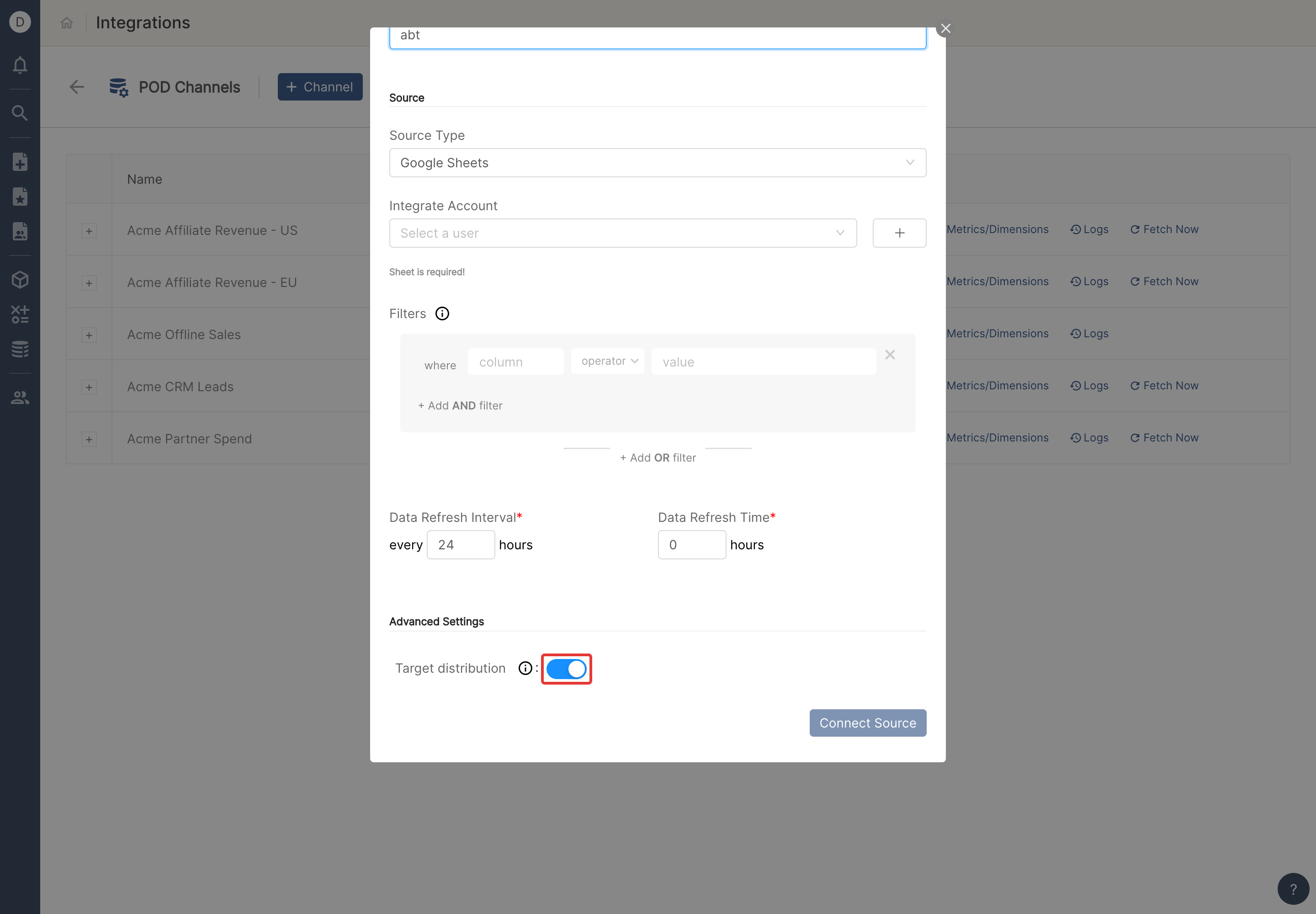 Add a POD channel form with Target distribution turned on