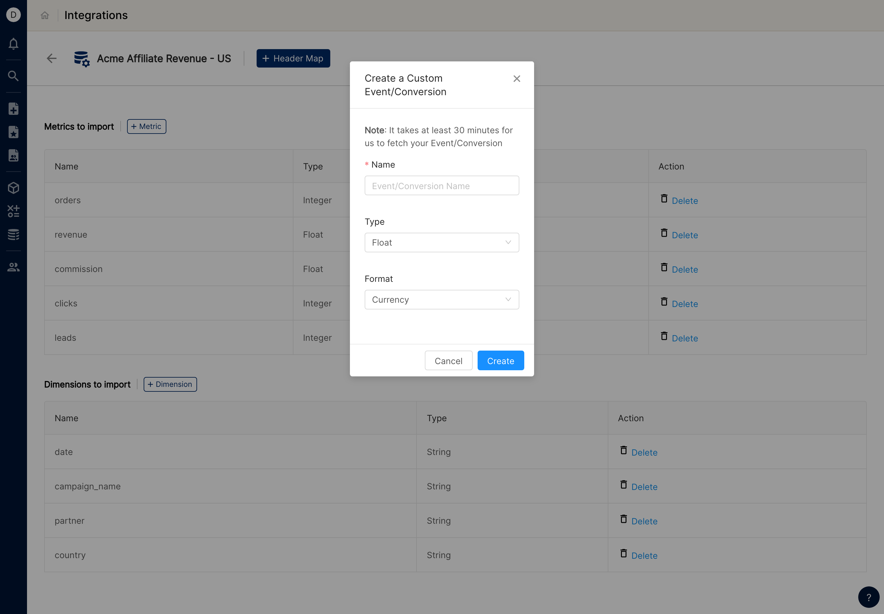 POD channel metrics and dimensions page with the Create a Custom Event/Conversion dialog open