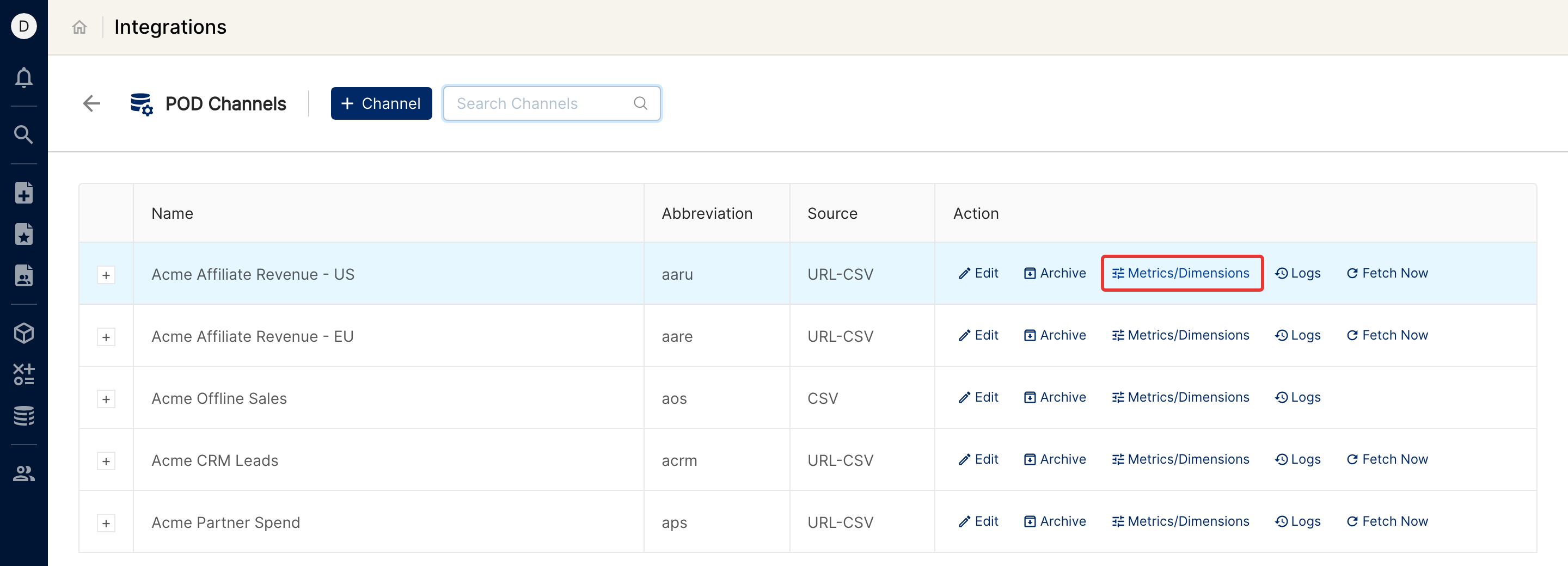 POD Channels list with the Metrics/Dimensions action highlighted