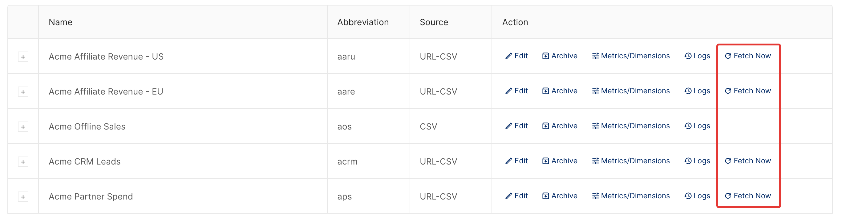 POD Channels list with the Fetch Now actions highlighted