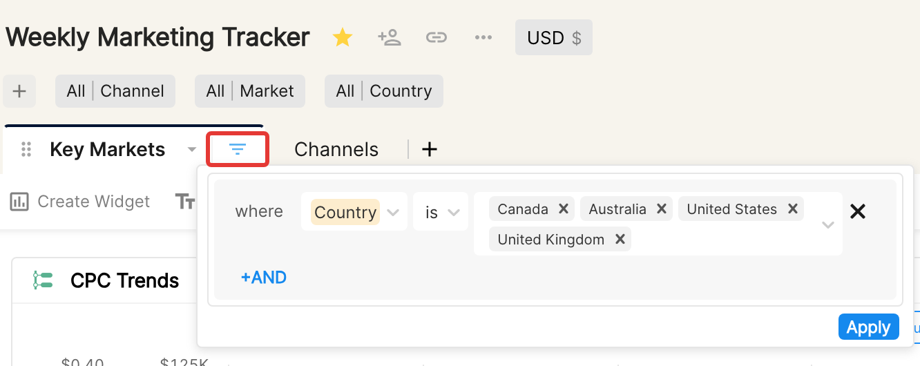 Tab filter popover with Country is Canada, Australia, United States, United Kingdom