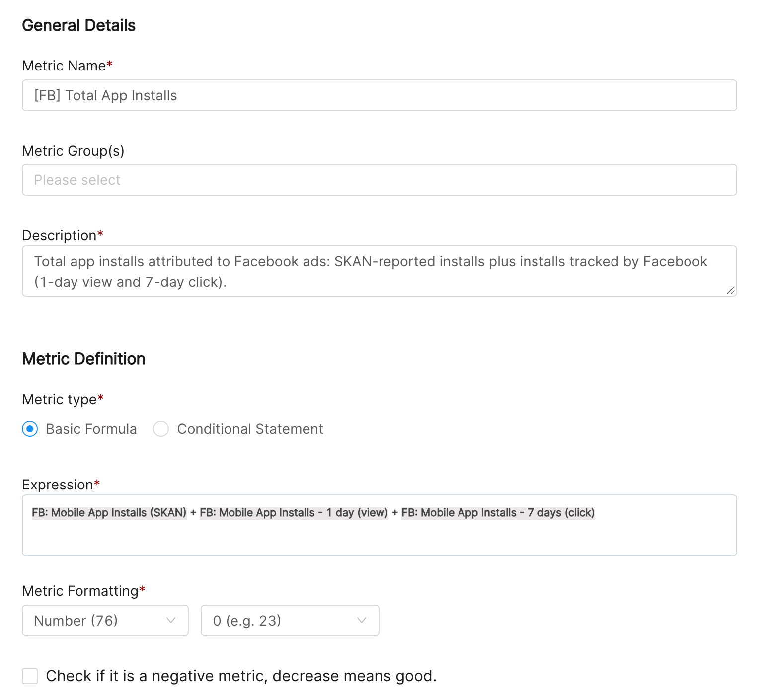Custom metric that adds SKAN installs to Facebook 1-day view and 7-day click installs