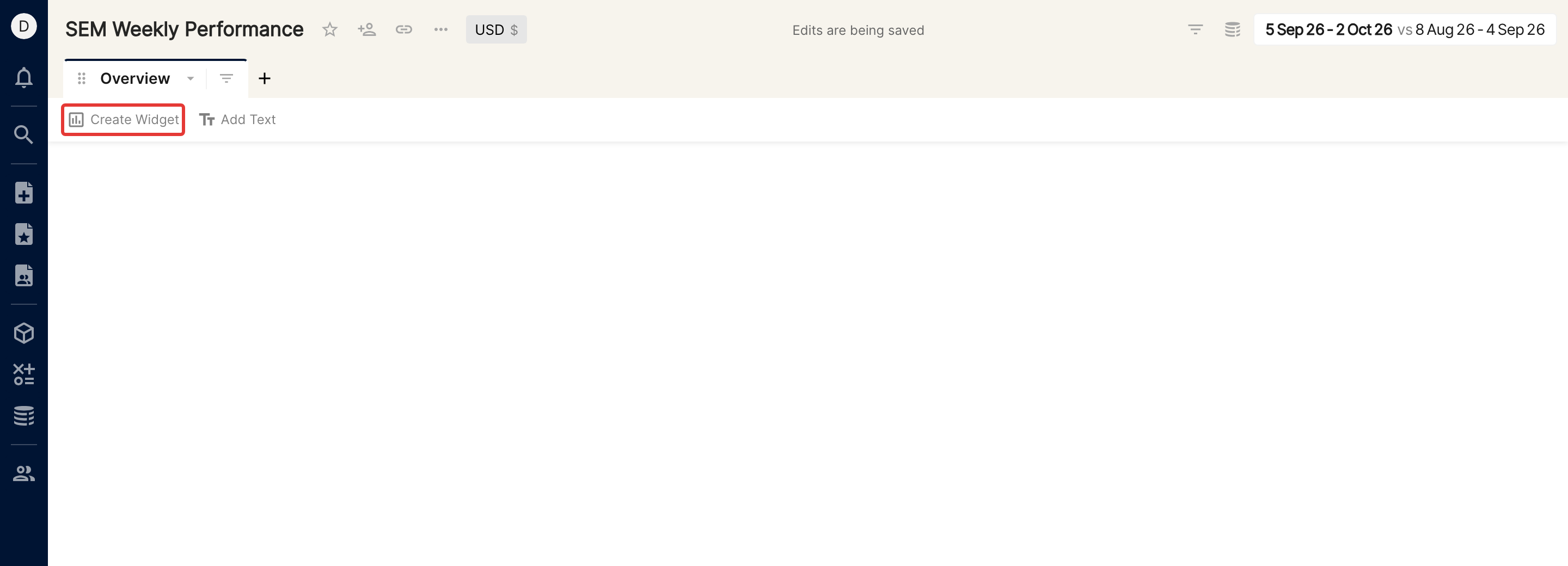 Empty report tab with the Create Widget button highlighted