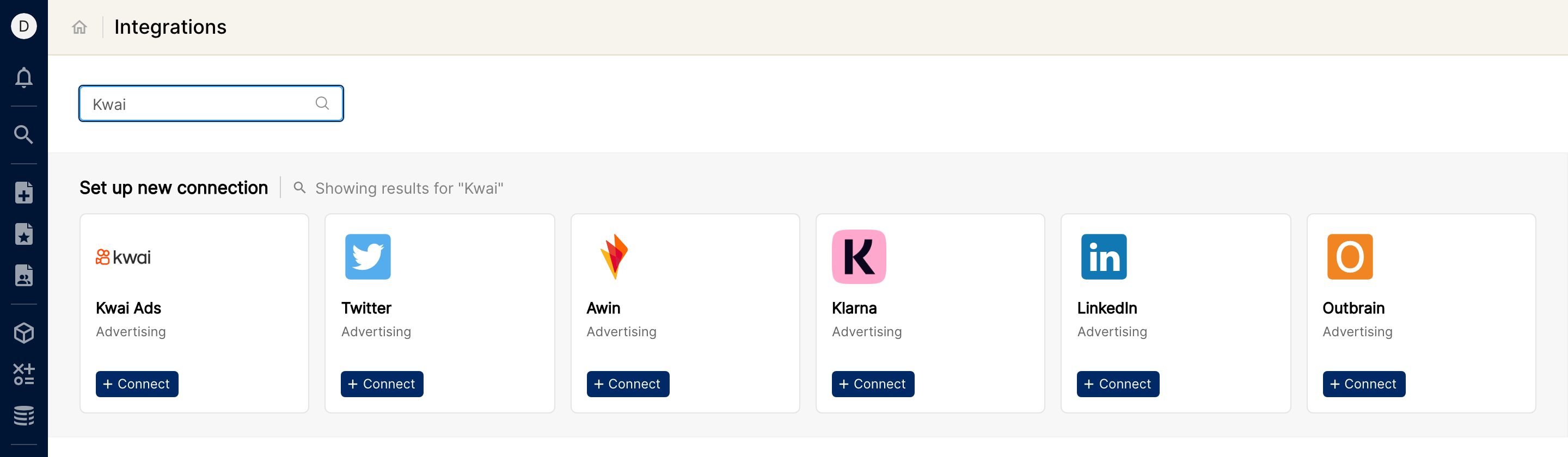 Integrations page with Kwai searched and the Kwai Ads card showing the + Connect button