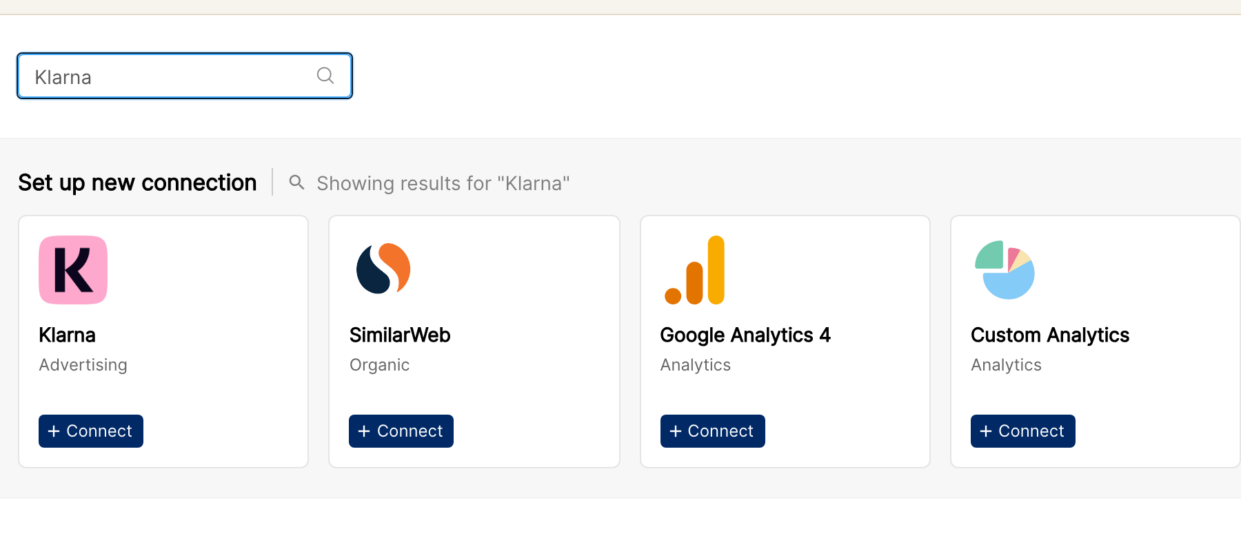 Integrations page with Klarna typed in the search box and the Klarna card showing the + Connect button