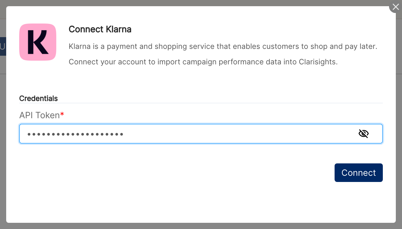 Connect Klarna window with the API Token field filled in and the Connect button