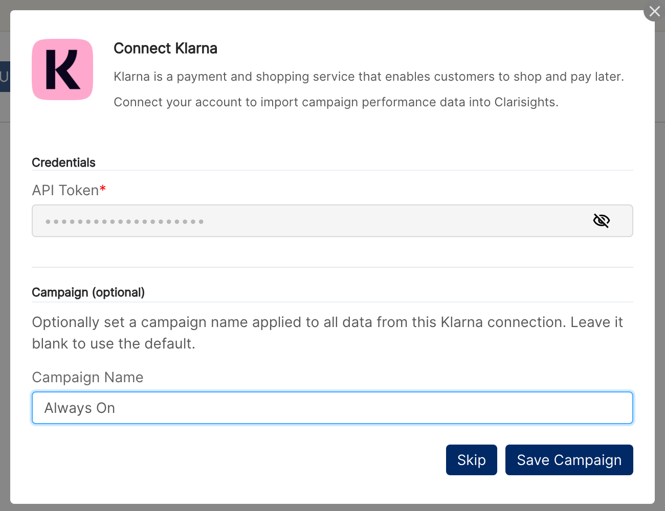 Connect Klarna window after the token is accepted, showing the optional Campaign Name field with Skip and Save Campaign buttons