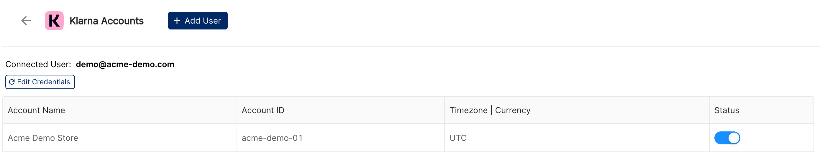 Klarna Accounts page showing the connected user, the Edit Credentials button and one connected merchant account
