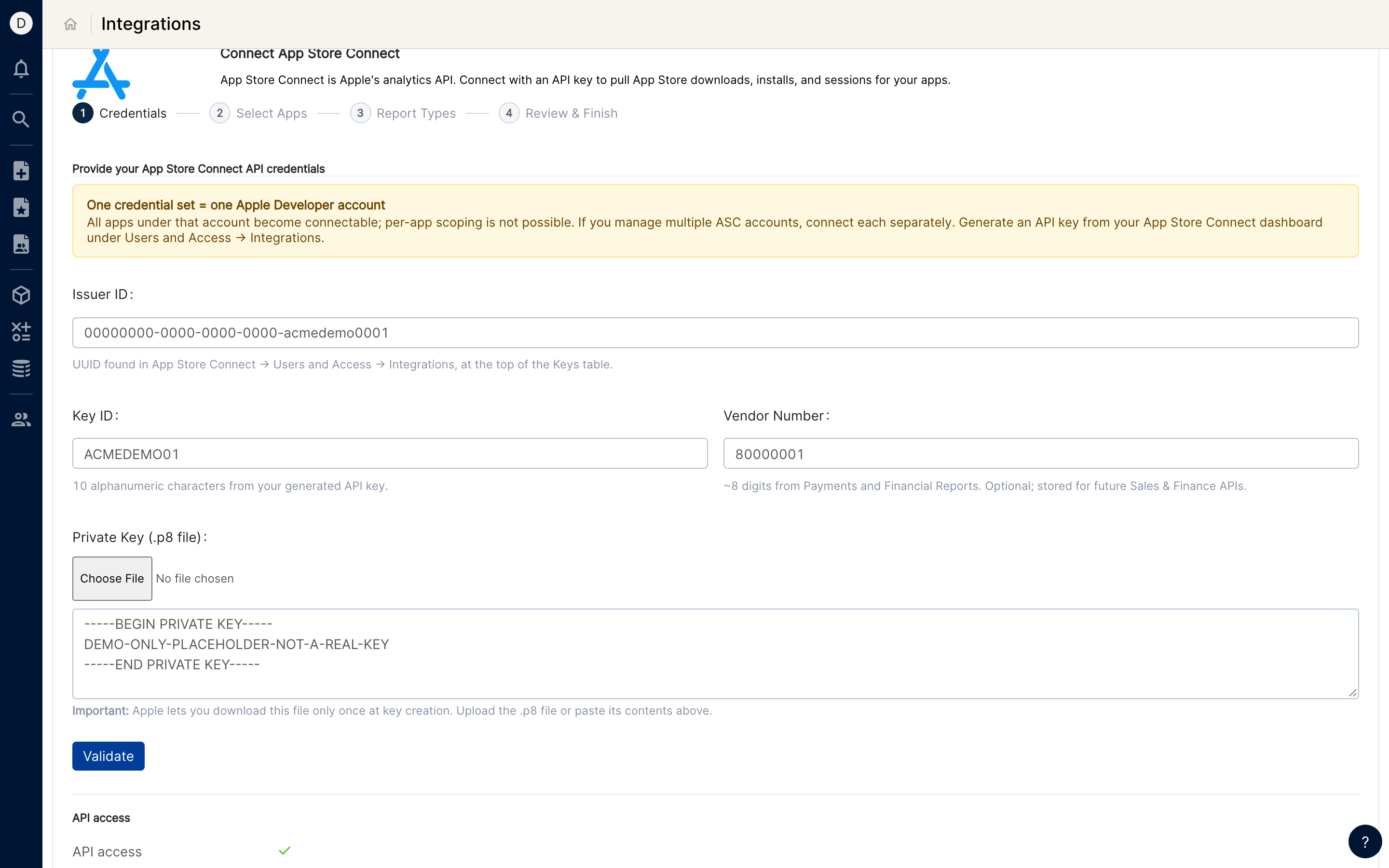 App Store Connect Credentials step with Issuer ID, Key ID, Vendor Number and Private Key (.p8 file) fields filled with demo values and API access confirmed