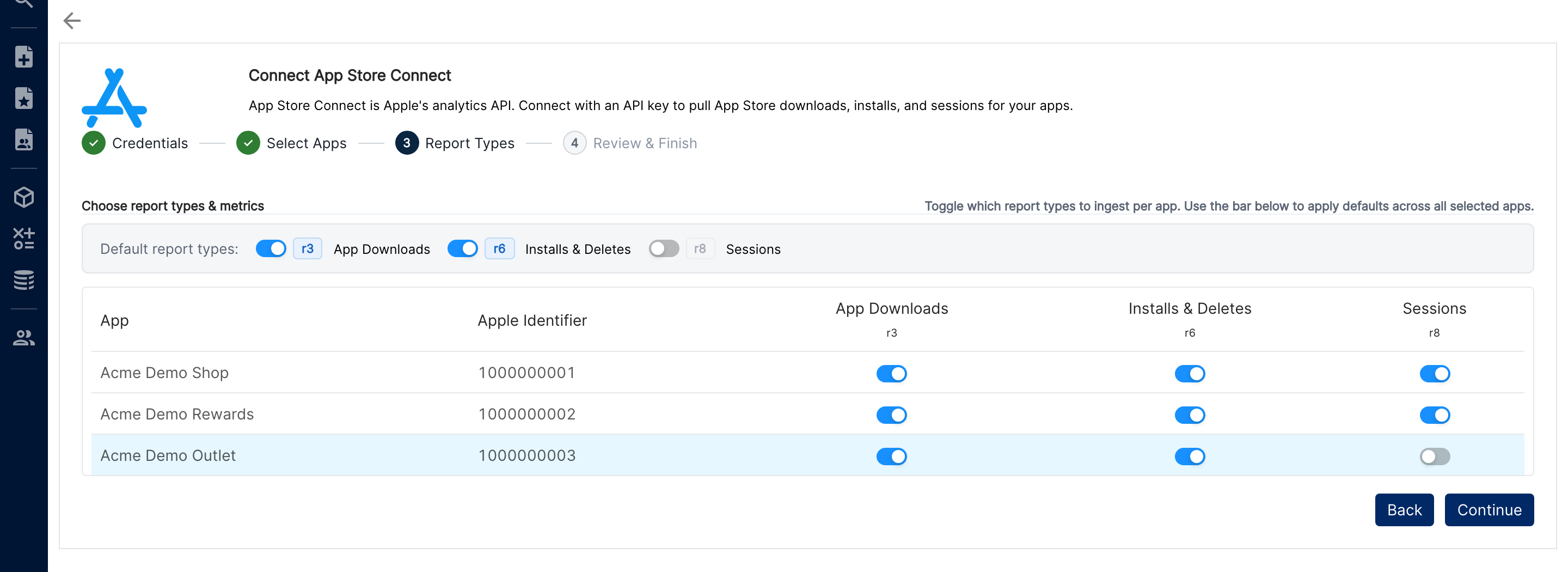 Report Types step with per-app toggles for App Downloads, Installs and Deletes, and Sessions, and the Default report types bar