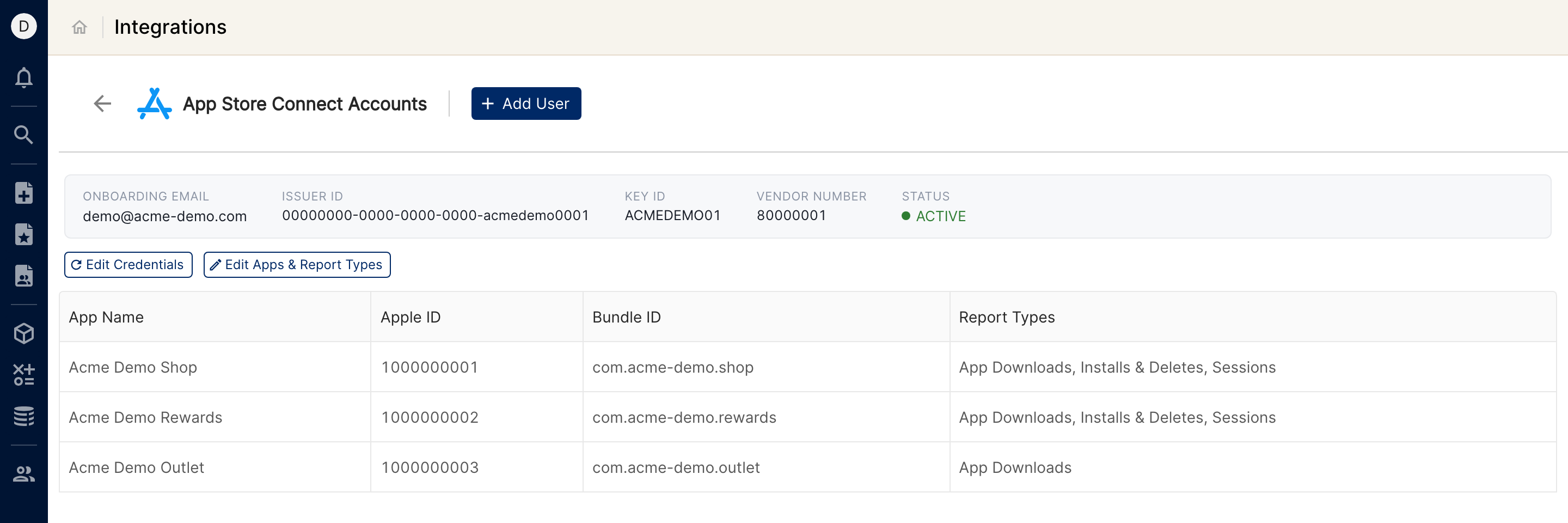 App Store Connect Accounts page with the connected account details, Edit Credentials and Edit Apps and Report Types buttons, and the list of connected apps with their report types