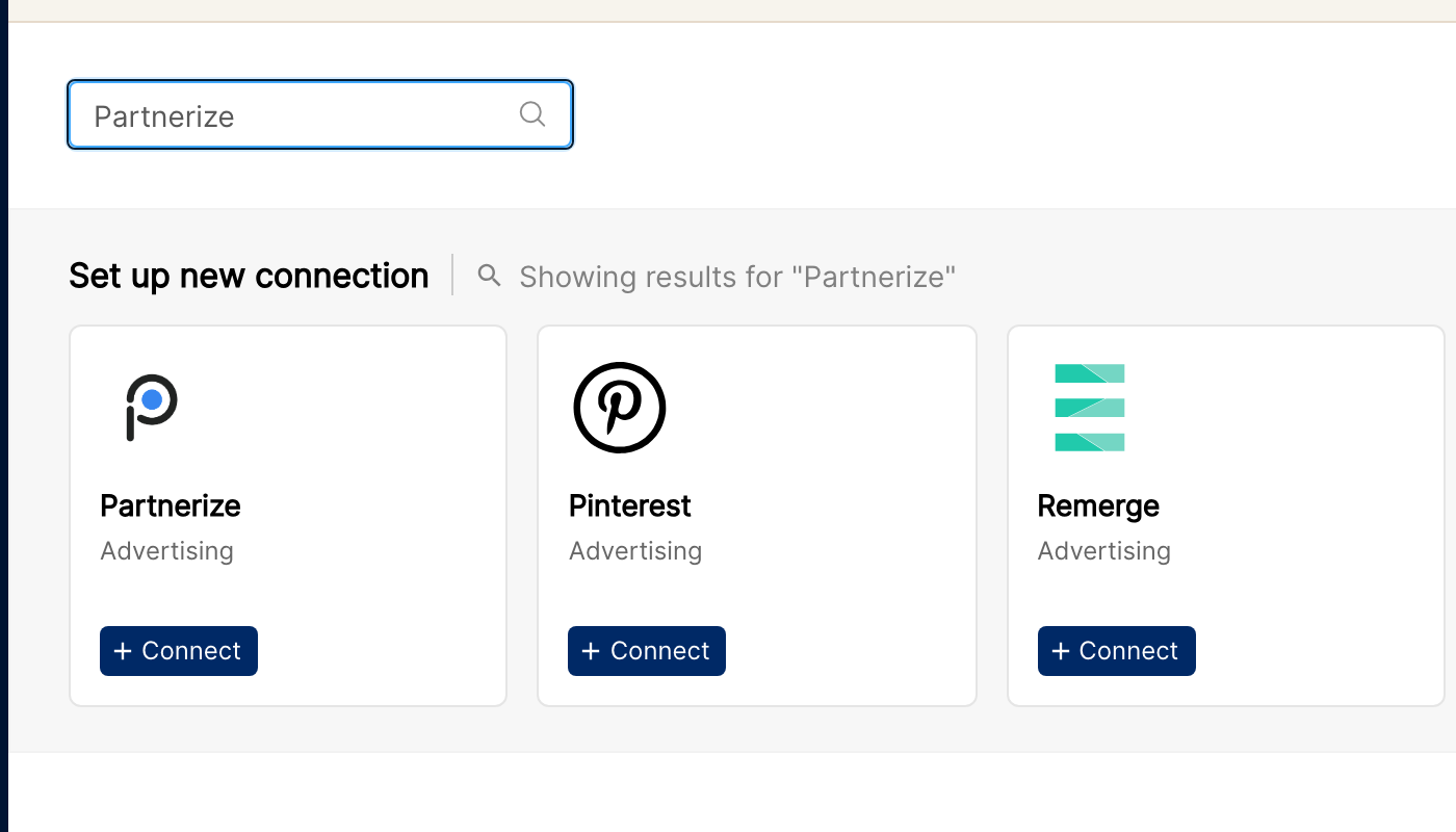 Integrations page with Partnerize searched under Set up new connection and the + Connect button on the Partnerize card