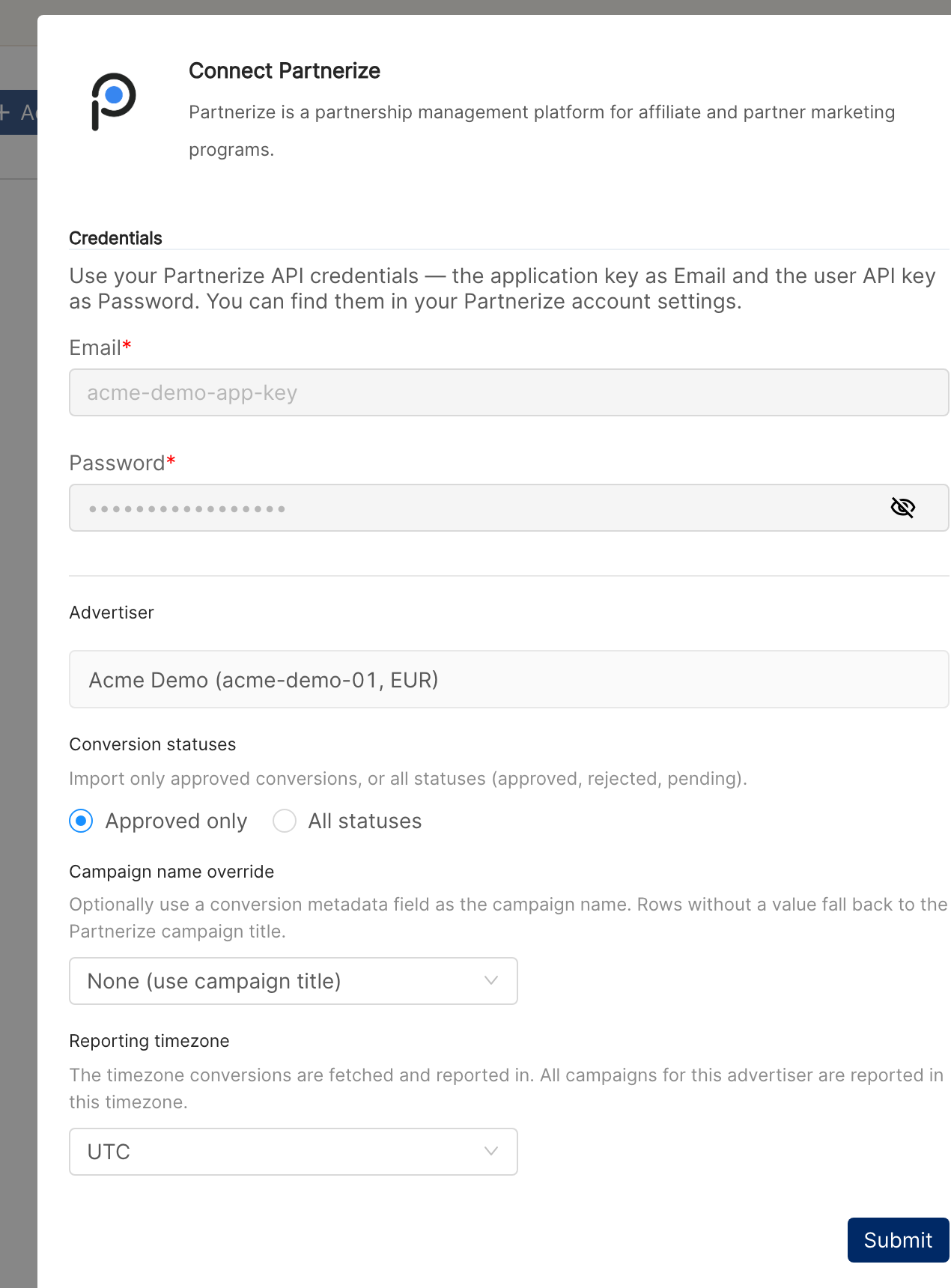 Connect Partnerize window after validation, showing the advertiser and the Conversion statuses, Campaign name override and Reporting timezone options with the Submit button