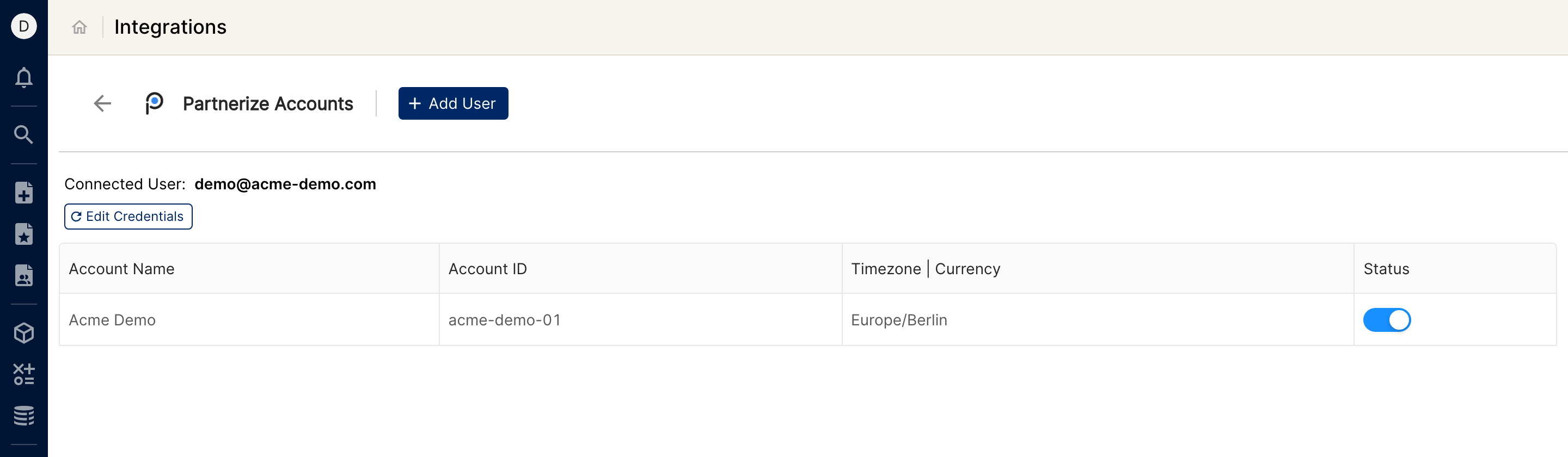 Partnerize Accounts page showing the connected user, the Edit Credentials button and a connected advertiser with its Account ID and timezone