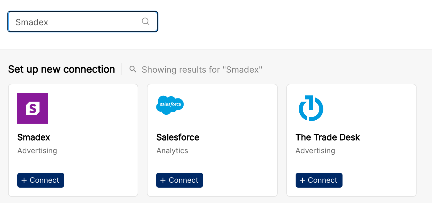 Integrations page search results for Smadex with the Smadex card and its Connect button
