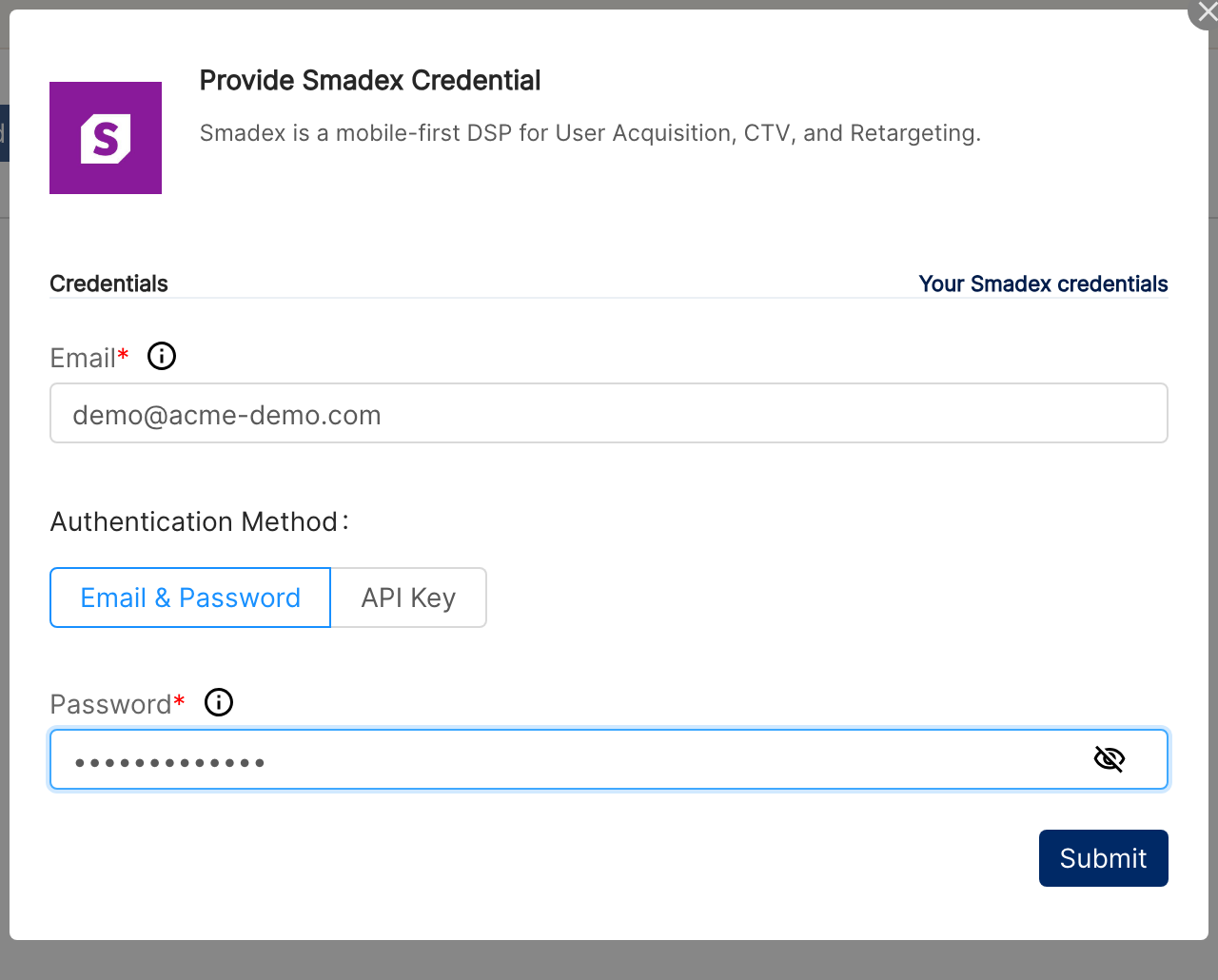 Provide Smadex Credential form with the Email field, the Authentication Method toggle set to Email and Password, the Password field and the Submit button