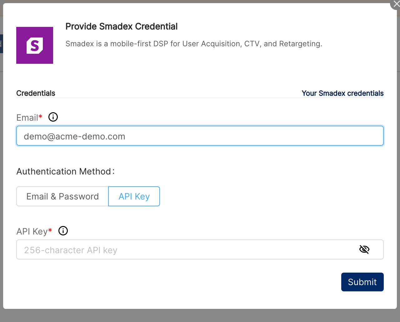 Provide Smadex Credential form with the Authentication Method toggle set to API Key and the API Key field