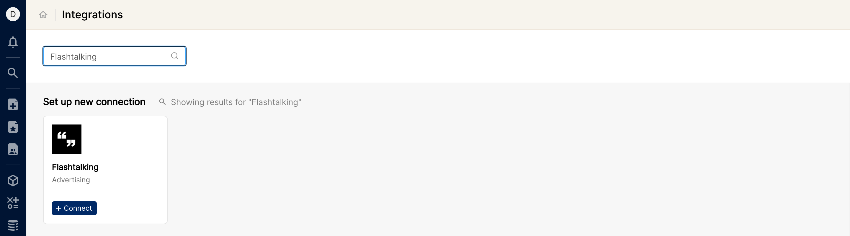 Integrations page with Flashtalking found in the search and the + Connect button on its card