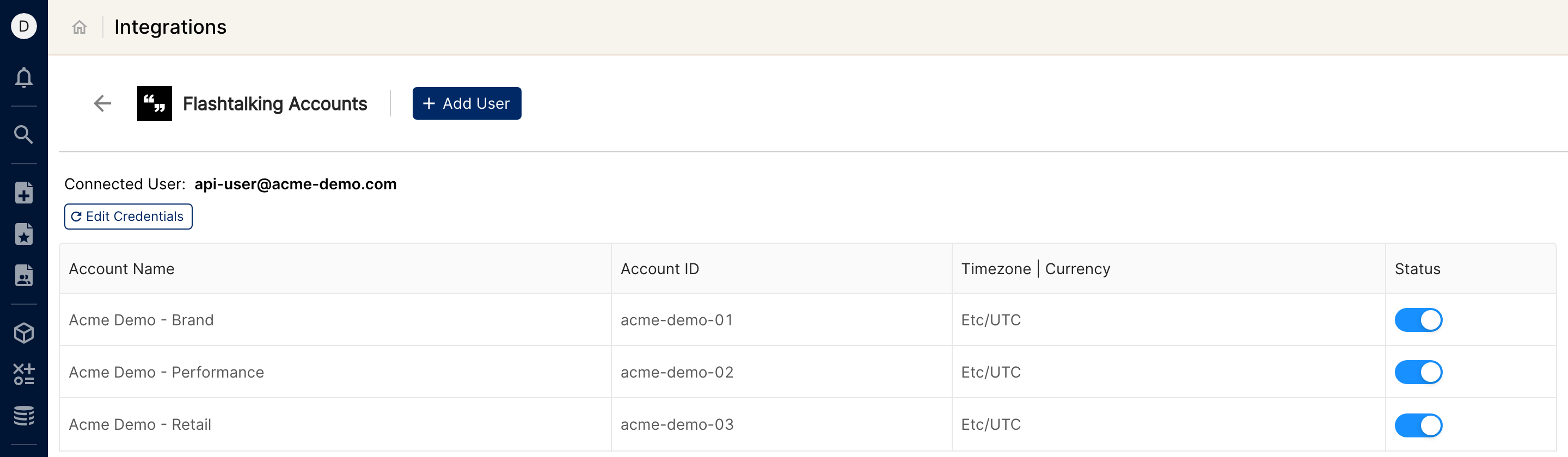 Flashtalking Accounts page showing the connected user, the Edit Credentials button and three demo advertiser accounts