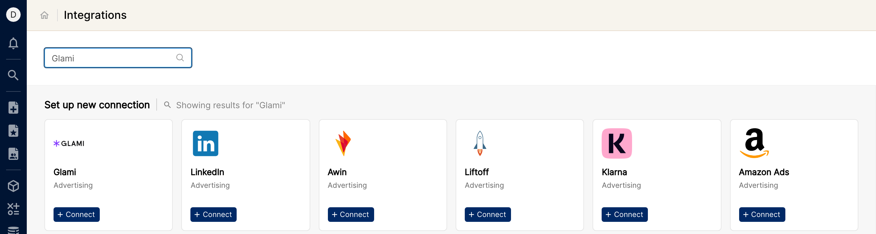 Integrations page with Glami typed into the search box and the Glami card showing the + Connect button