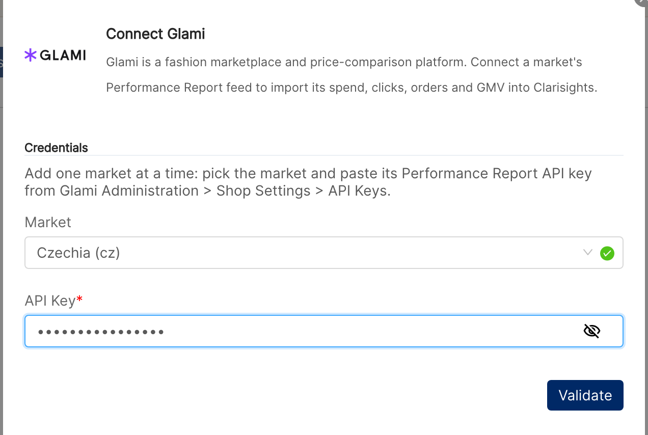 Connect Glami dialog with the Market dropdown set to Czechia (cz), the API Key field filled in, and the Validate button