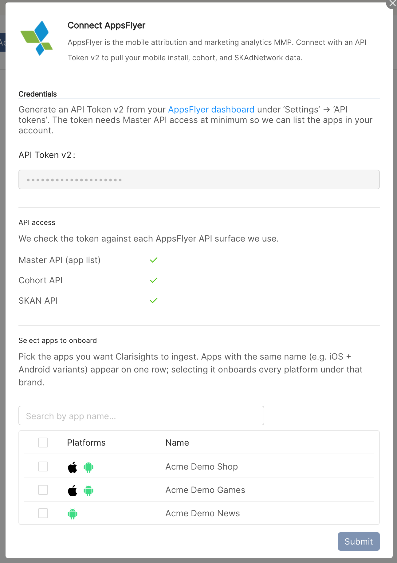 Connect AppsFlyer form after clicking Validate Token: the API Token v2 field, API access checks for Master API (app list), Cohort API and SKAN API, and the Select apps to onboard list with a search box, platform icons and app names