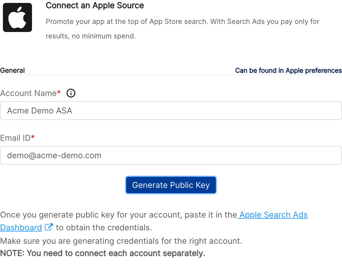 Connect an Apple Source dialog with Account Name and Email ID filled in with demo values and the Generate Public Key button