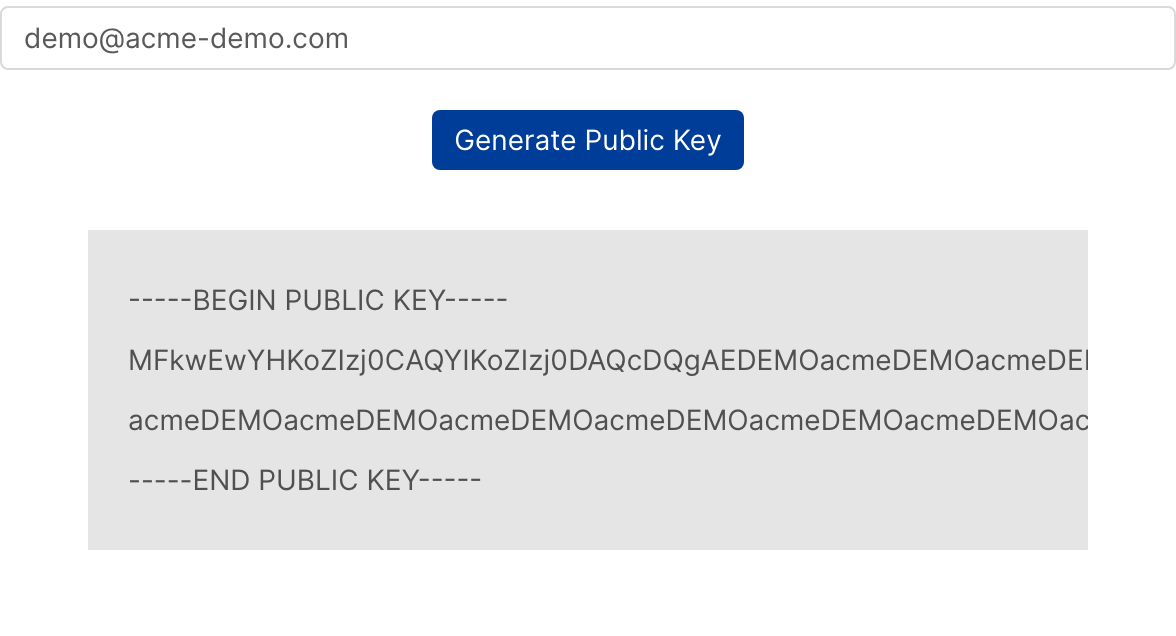 Generated demo public key shown below the Generate Public Key button, ready to copy
