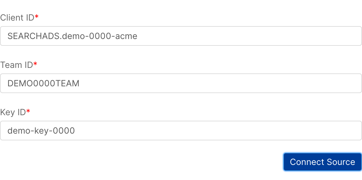 Client ID, Team ID and Key ID fields filled with demo values and the Connect Source button