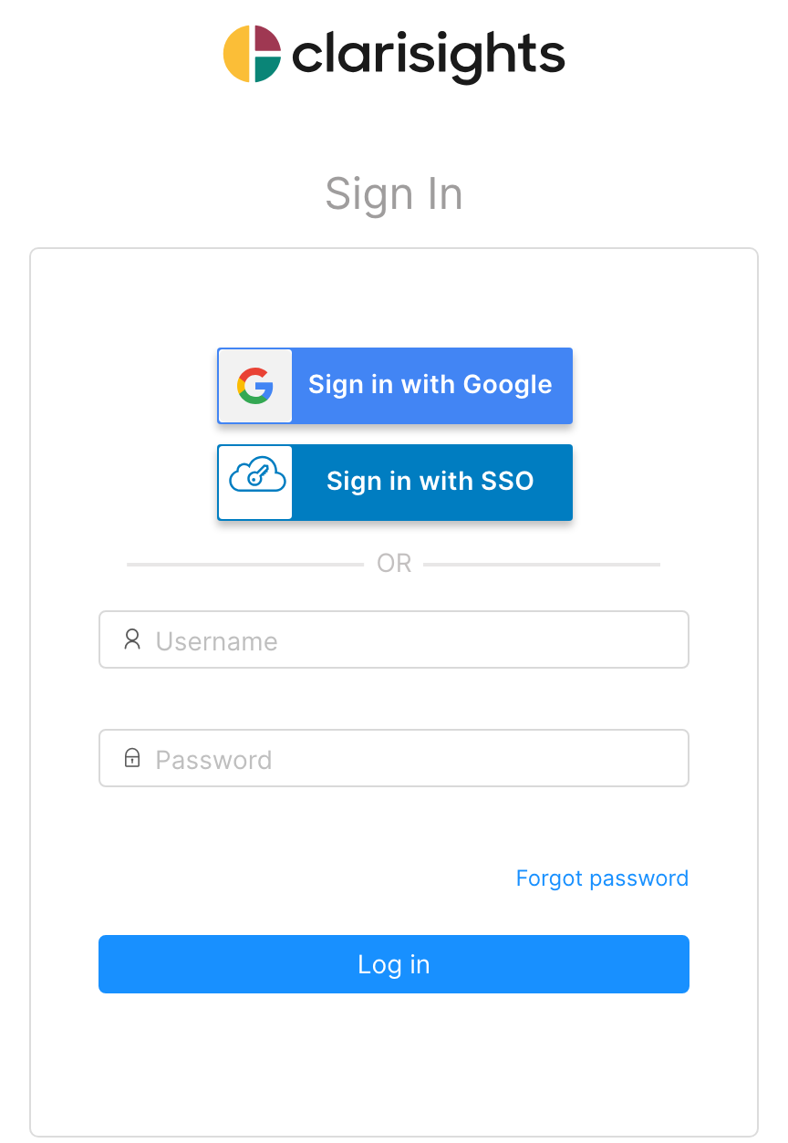 Clarisights sign-in page with the Sign in with Google and Sign in with SSO buttons