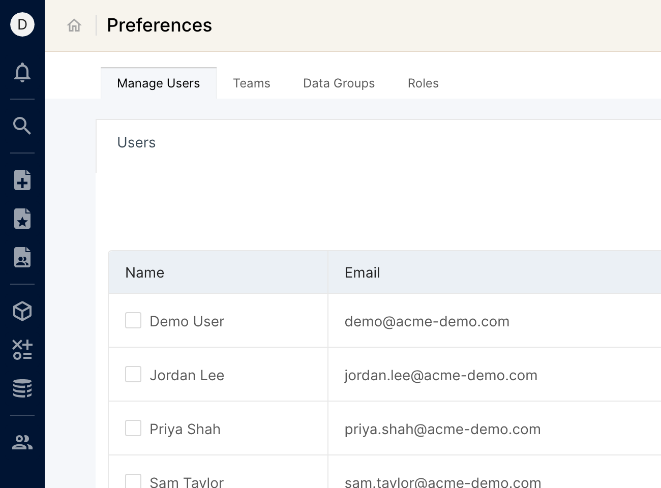Left sidebar with the Manage Users (people) icon at the bottom, and the Preferences page open on Manage Users