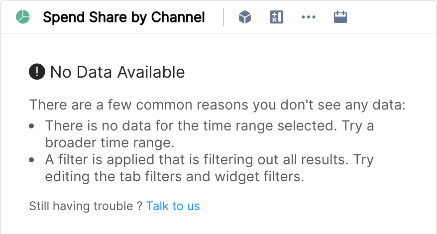 A widget showing the No Data Available message with common reasons and a Talk to us link