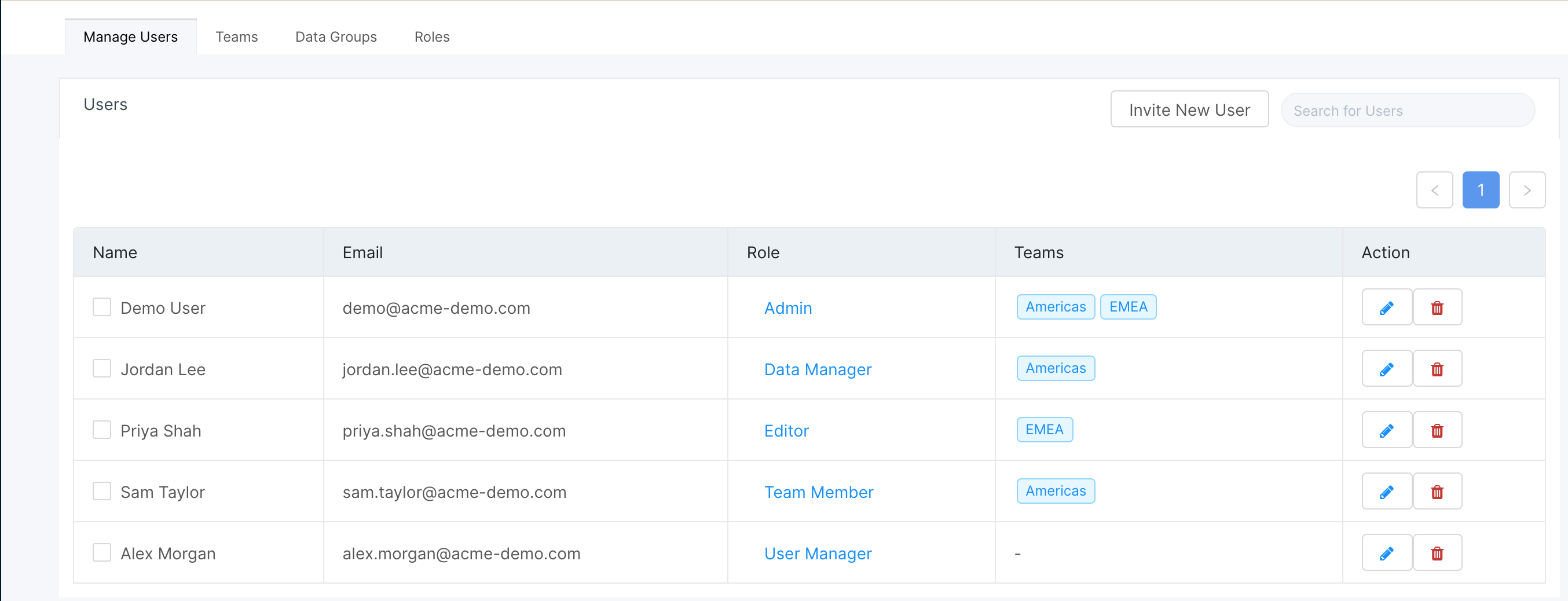 Manage Users page in Preferences listing users with their role and the teams they belong to