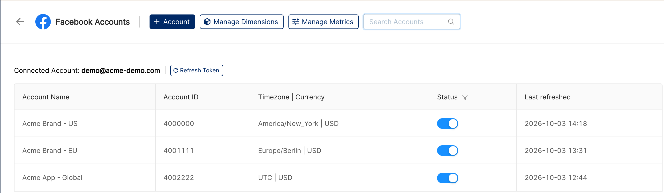Facebook Accounts page in Integrations showing each account's timezone, status switch and Last refreshed time