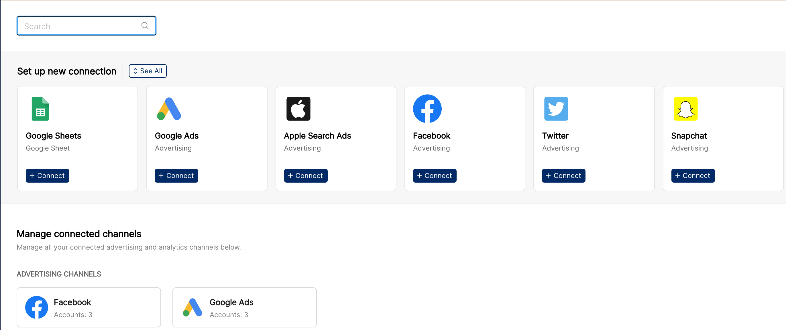 Integrations page with Set up new connection cards (each with a + Connect button) and the Manage connected channels section