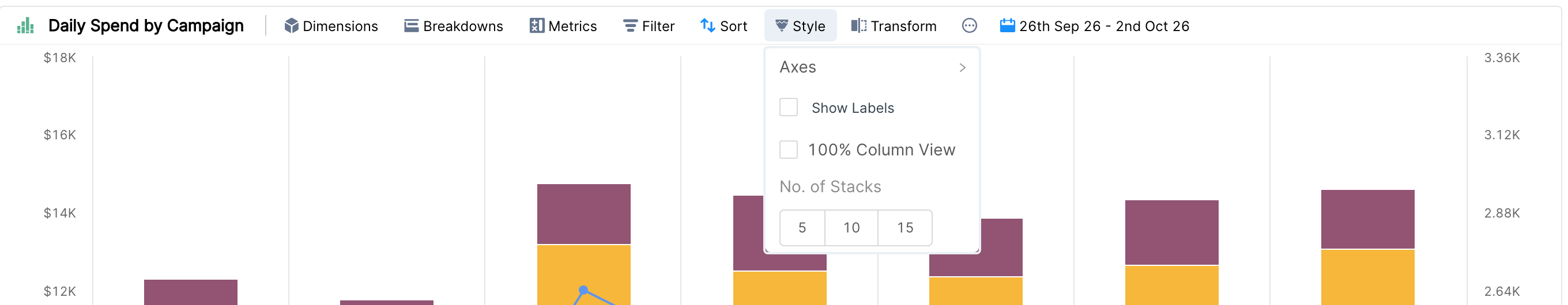 Stacked chart Style panel with Axes, Show Labels, 100% Column View and No. of Stacks