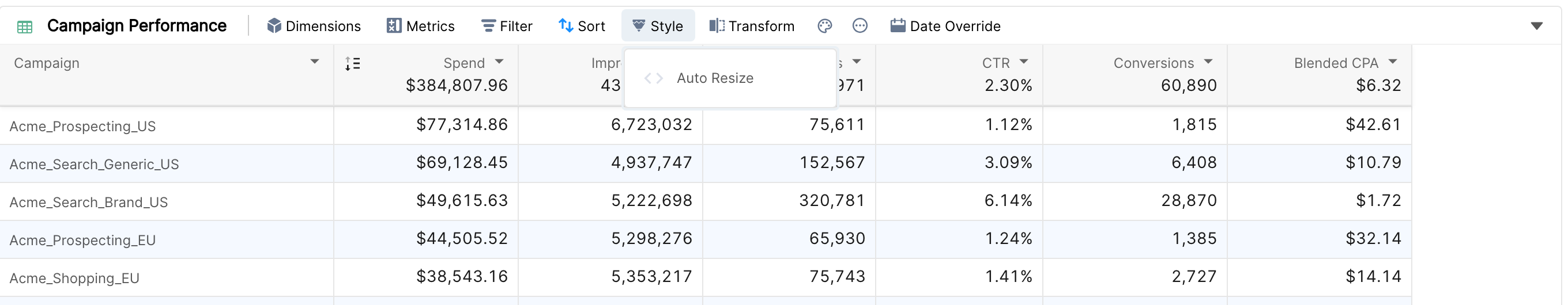 Table widget Style menu with the Auto Resize option
