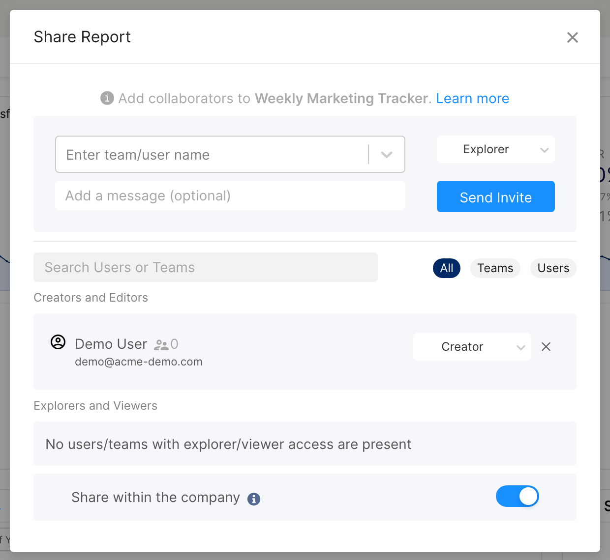 Share Report dialog with Share within the company switched on