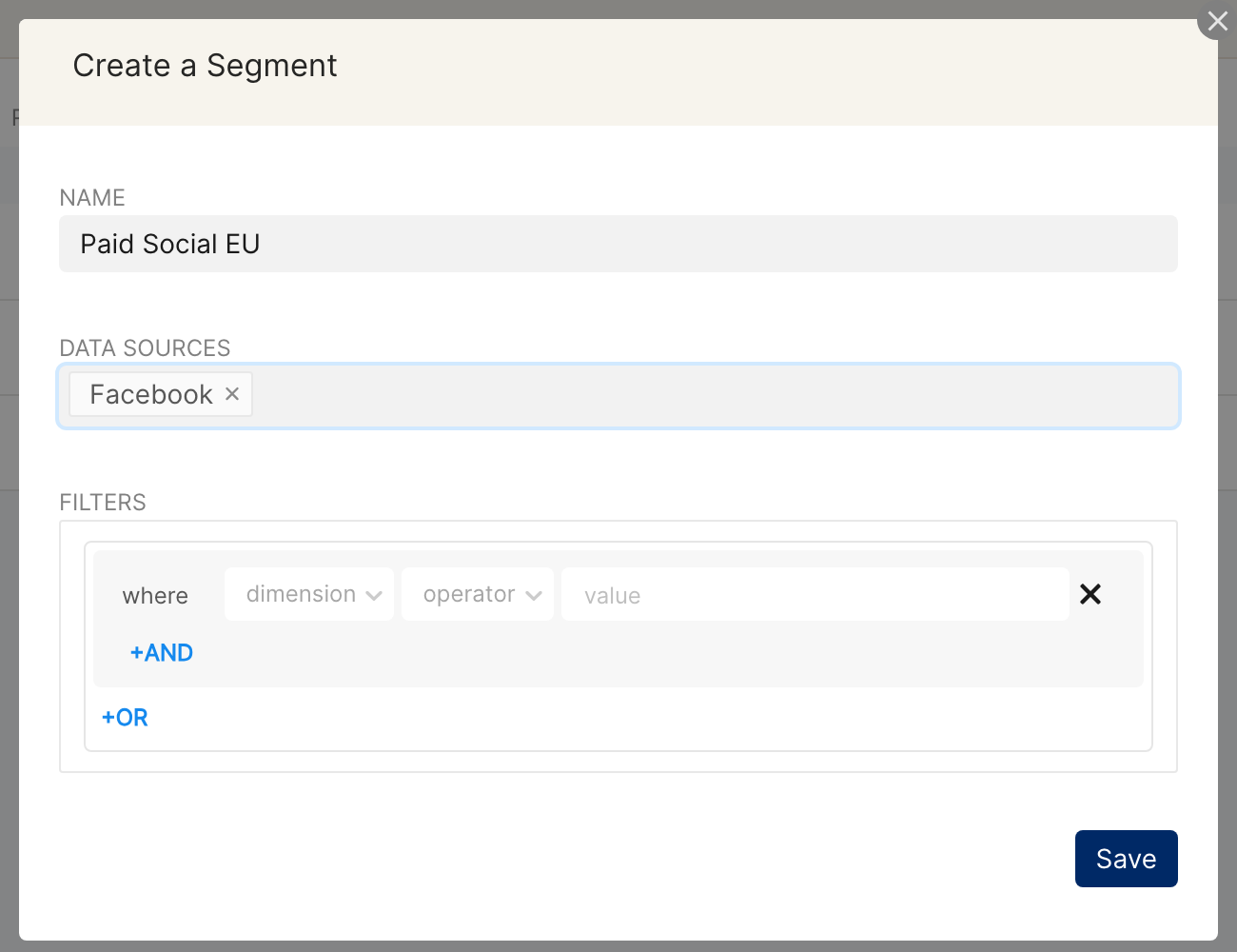 Create a Segment form with Name, Data Sources and Filters