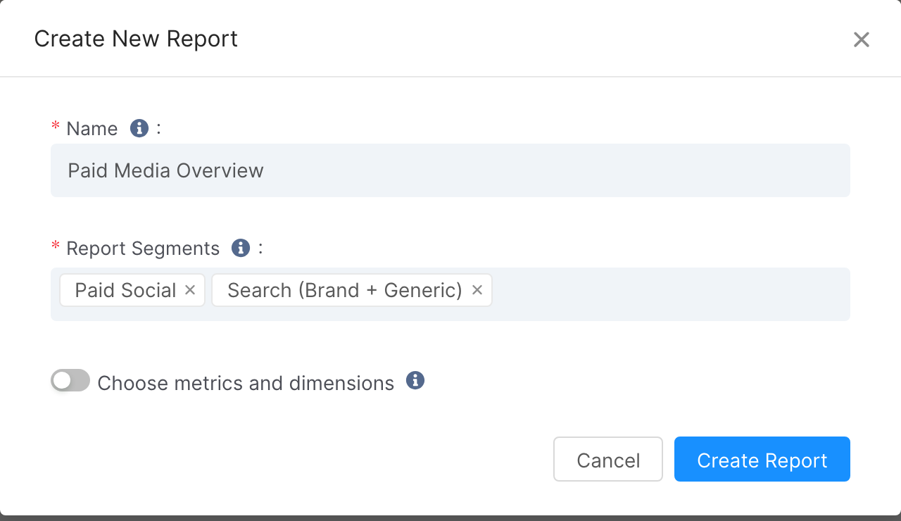 Create New Report dialog with the Choose metrics and dimensions switch turned off