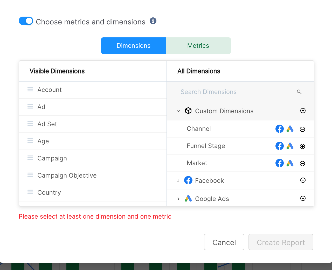 Dimensions tab with Visible Dimensions on the left and All Dimensions on the right