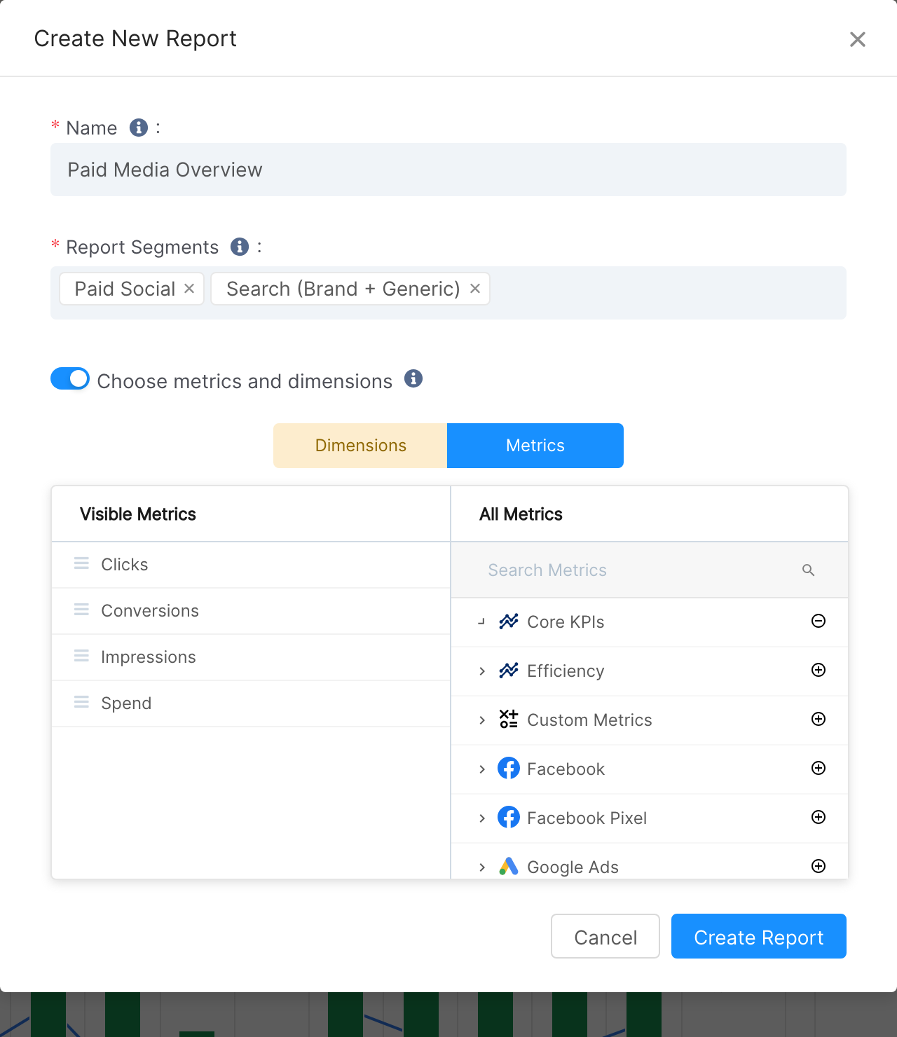 Metrics tab with the Core KPIs metric group chosen and its metrics listed under Visible Metrics