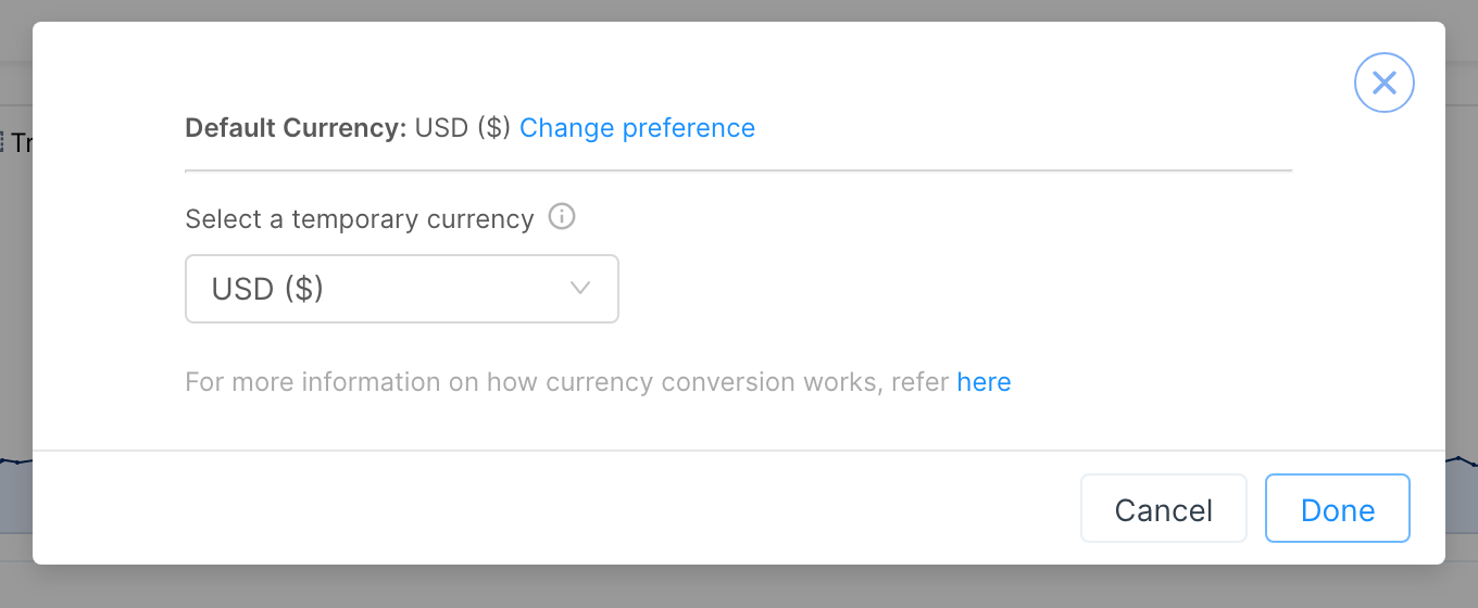 Report currency dialog with a temporary currency selector