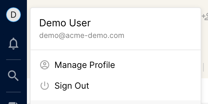 Profile menu with Manage Profile and Sign Out