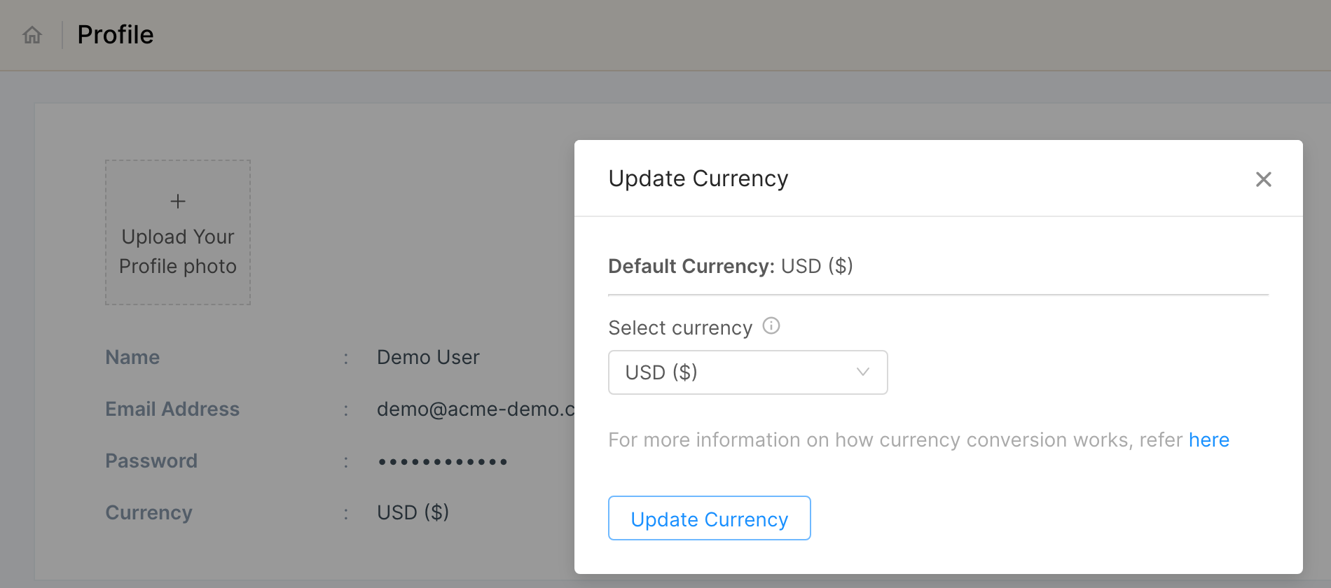 Update Currency dialog on the Profile page