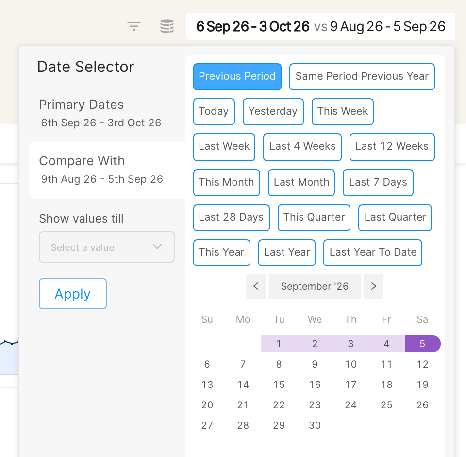 Date Selector with Compare With selected, showing the Previous Period and Same Period Previous Year presets