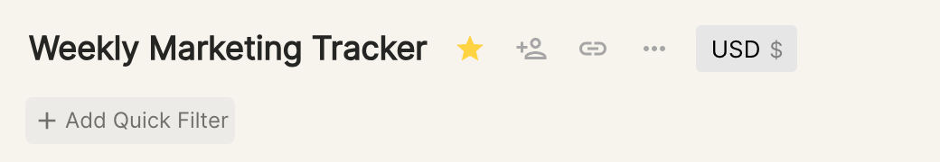 Report title Weekly Marketing Tracker with the star, share, snapshot, more options and currency icons
