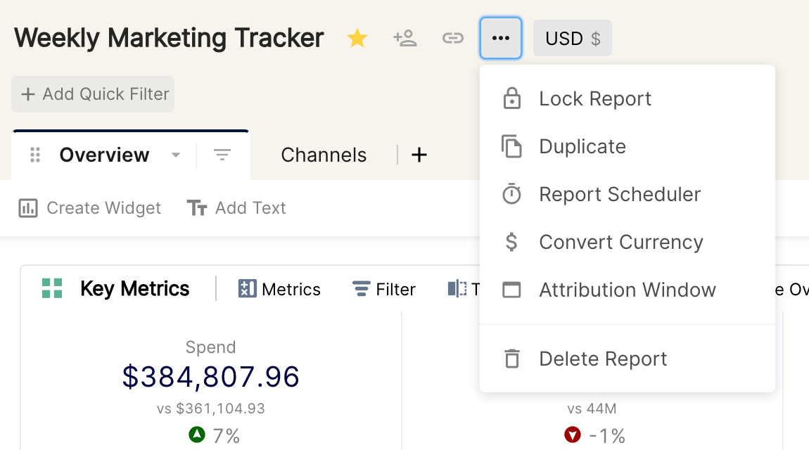 Report more options menu with Lock Report, Duplicate, Report Scheduler, Convert Currency, Attribution Window and Delete Report