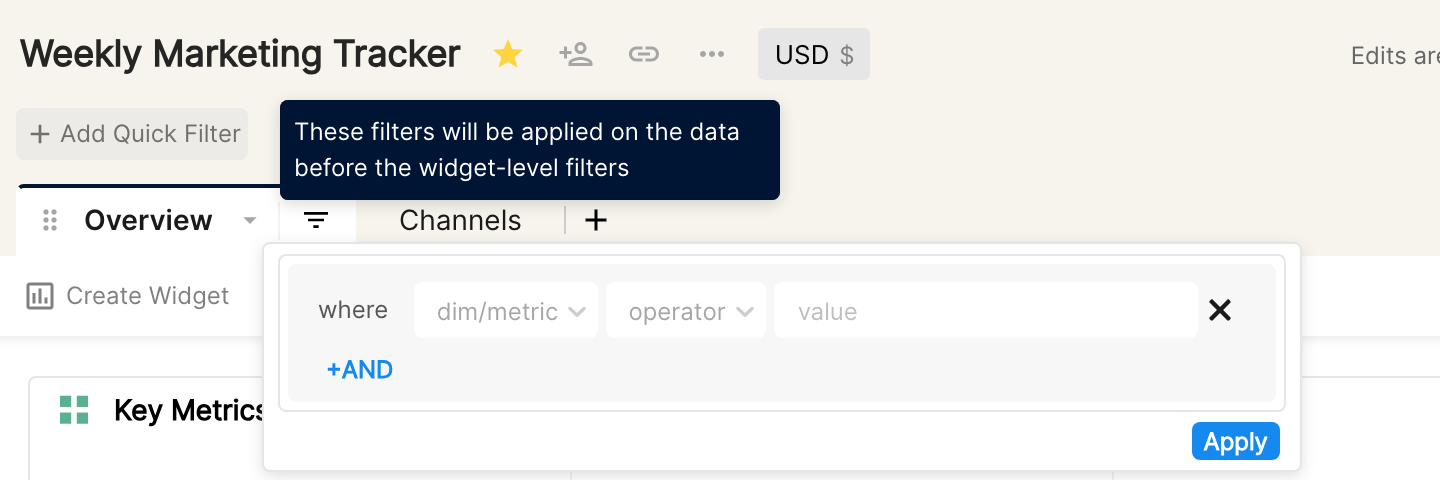 Tab filter popover opened from the filter icon next to the tab name